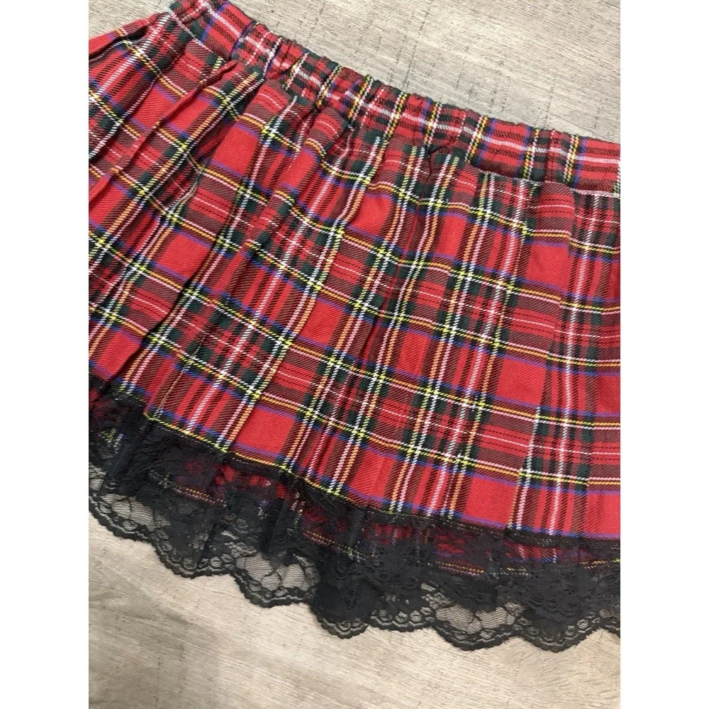 Y2K Womens Lingerie Red Black Plaid Lace Mini Skirt Grunge